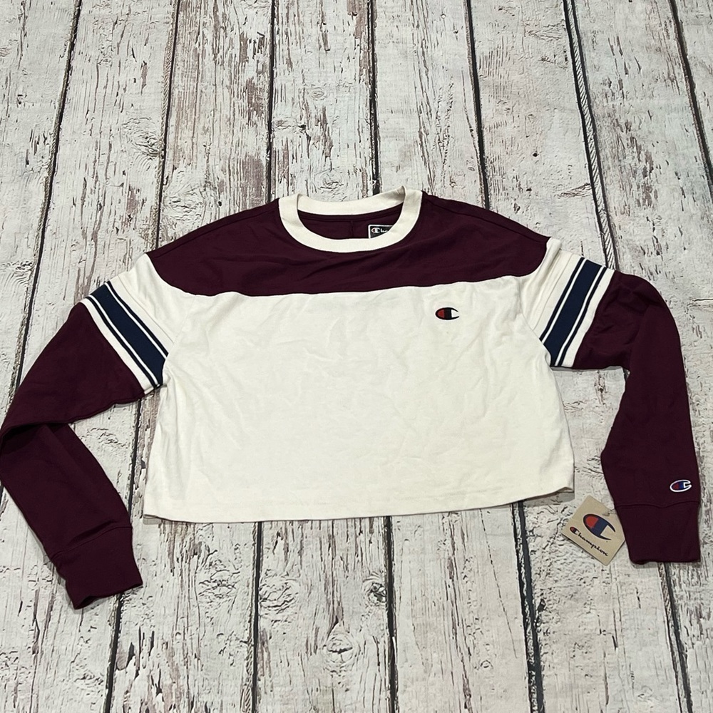 Women's Champion Logo Multi Color Crop Top Long Sleeve Crewneck Shirt Sweatshirt